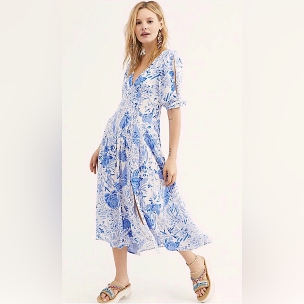 Free People “Forever Always” Floral Midi Dress Blue & White Size 0